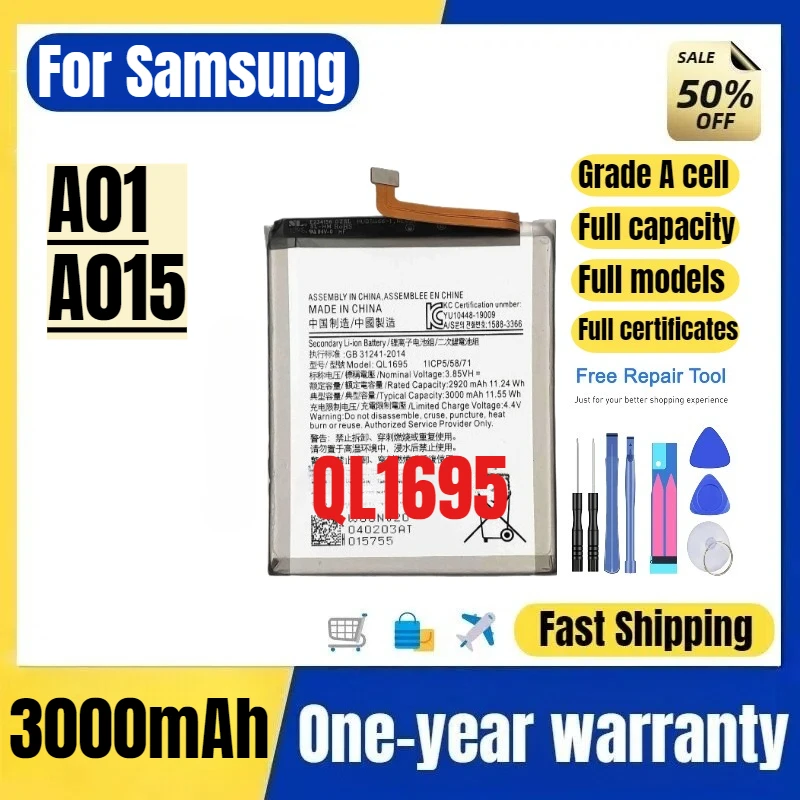 Аккумулятор QL1695 для мобильного телефона Samsung A01/A015, высококачественный, большой емкости, сменный, класс А, с инструментами для установки
Аккумулятор QL1695 для мобильного телефона Samsung A01/A015, высококачественный, большой емкости, сменный, класс А, с инструментами для установки