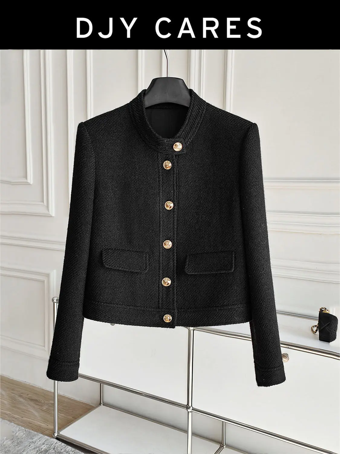 New Black gold button stand up collar short coarse tweed jacket, slimming top big size
New Black gold button stand up collar short coarse tweed jacket, slimming top big size