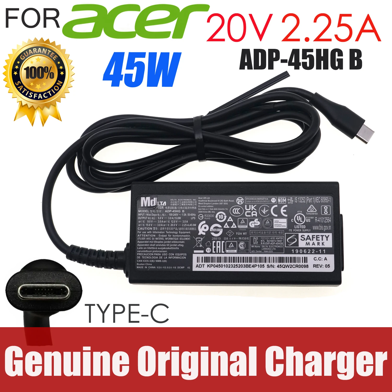 Delta ADP-45HG B AC Adapter 20V 2.25A Type-C 45W ADP-45PE B ADP-45XE B ADP-45EG AE ADP-45EW A for ACER CHROMEBOOK SPIN 311
Delta ADP-45HG B AC Adapter 20V 2.25A Type-C 45W ADP-45PE B ADP-45XE B ADP-45EG AE ADP-45EW A for ACER CHROMEBOOK SPIN 311