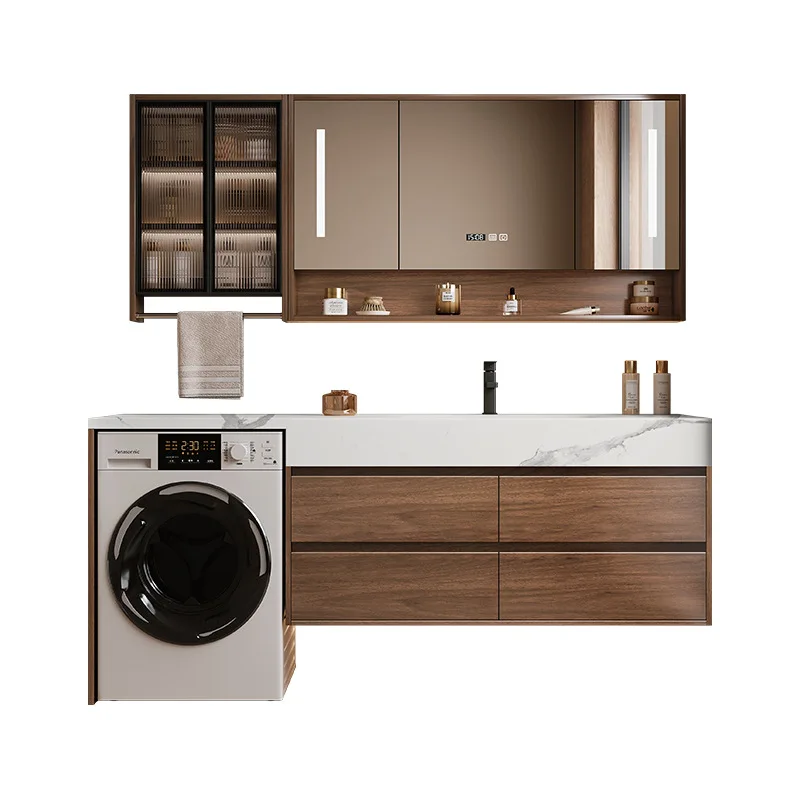 New Chinese walnut washing machine cabinet, bathroom, washbasin cabinet, combined rock slab seamless basin, smart mirror
New Chinese walnut washing machine cabinet, bathroom, washbasin cabinet, combined rock slab seamless basin, smart mirror