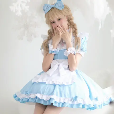 ロリータメイドアニメコスプレプラスサイズ弱虫ロールプレイ衣装学校学生ハロウィンパーティーブルーレースちょう結びプリンセスドレス新しい