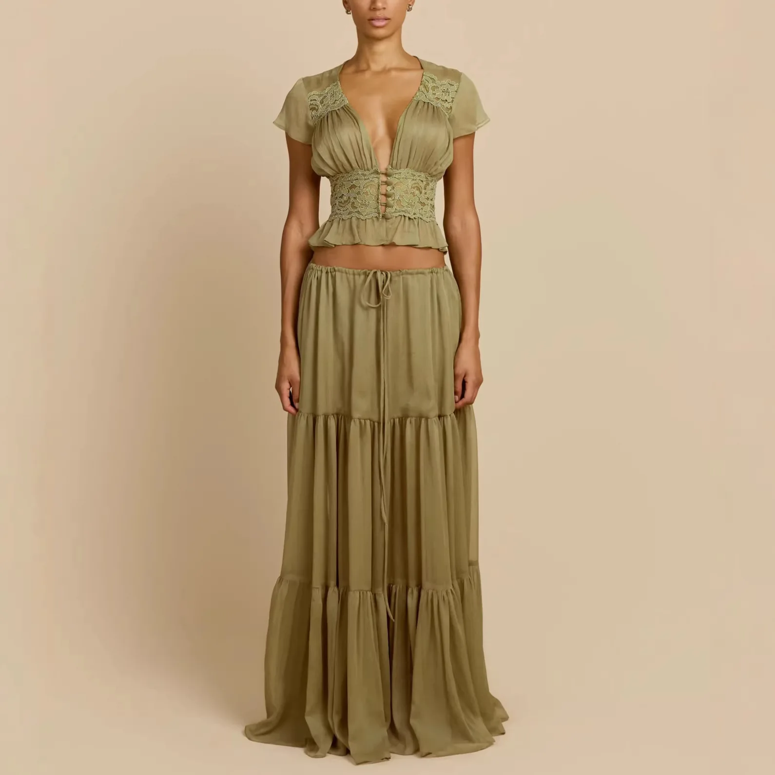 Women's Casual 2 Piece Set V Neck Short Sleeve Crop Top Mesh Hight Waist Solid Long Skirt Beach Vacation Elegant Party Outfit
Women's Casual 2 Piece Set V Neck Short Sleeve Crop Top Mesh Hight Waist Solid Long Skirt Beach Vacation Elegant Party Outfit