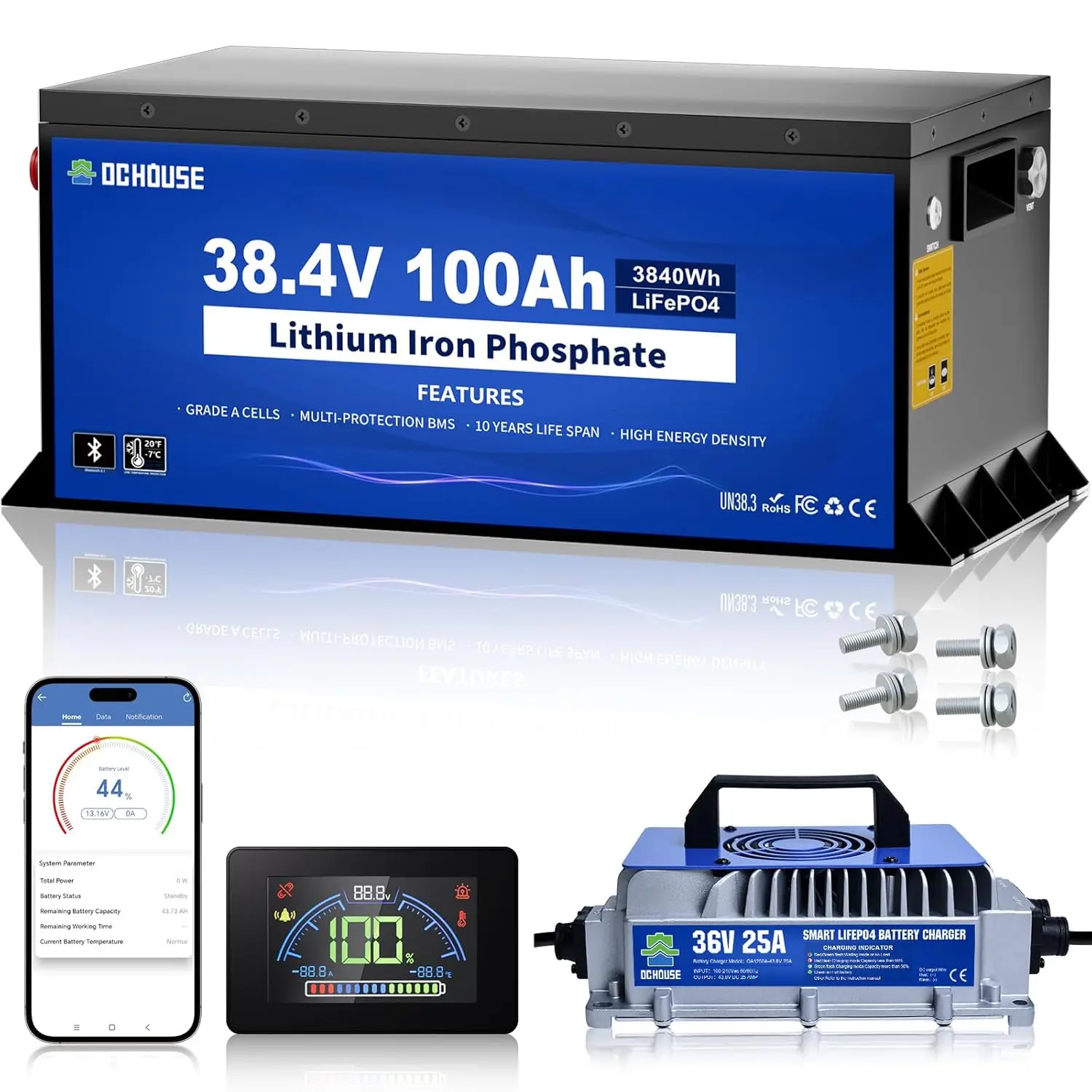Metal Case 36V 100Ah Pro Lithium Golf Cart Battery, LiFePO4 Battery with 36V 25A Charger, Bluetooth Mobile APP& LCD, Customized
Metal Case 36V 100Ah Pro Lithium Golf Cart Battery, LiFePO4 Battery with 36V 25A Charger, Bluetooth Mobile APP& LCD, Customized