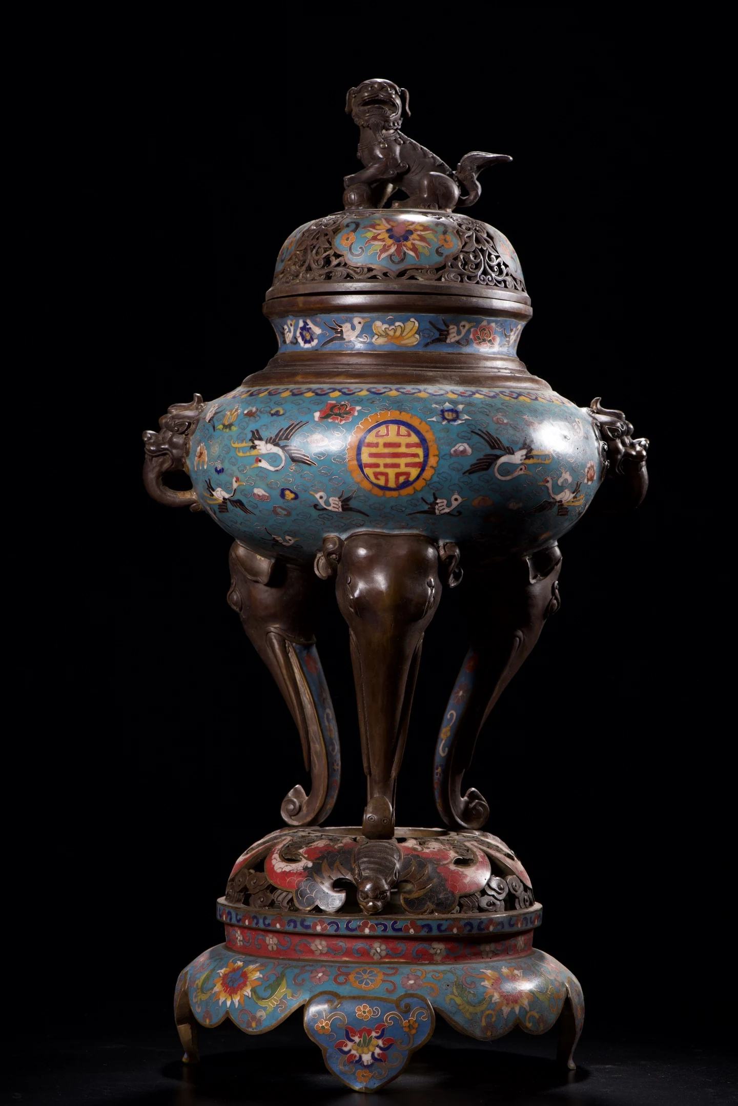 24"Old Bronze Cloisonne Enamel Crane pattern Lion Cover Dragon Ear Three Legged Incense Burner base Study Amass wealth Ornaments
24"Old Bronze Cloisonne Enamel Crane pattern Lion Cover Dragon Ear Three Legged Incense Burner base Study Amass wealth Ornaments