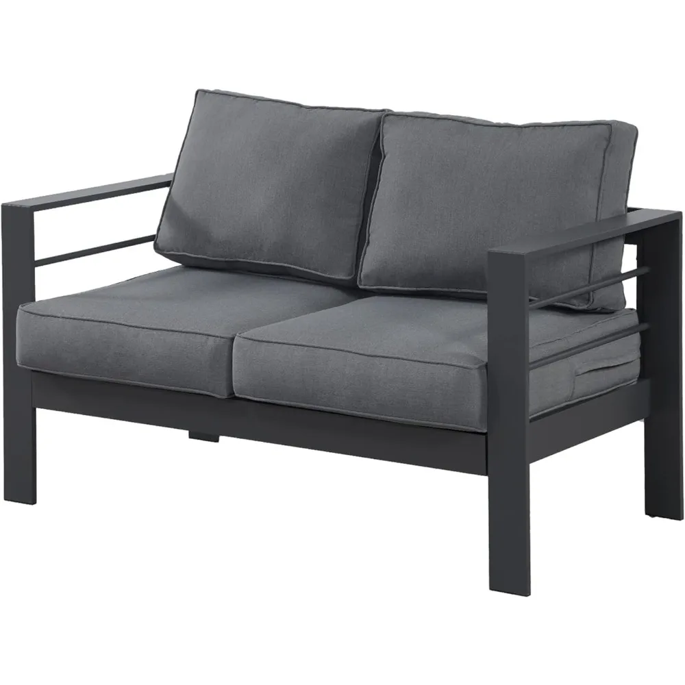 Patio Furniture Aluminum Loveseat, All-Weather Outdoor 2 Seats Sofa, Gray Metal Chair, Dark Grey Cushions
Patio Furniture Aluminum Loveseat, All-Weather Outdoor 2 Seats Sofa, Gray Metal Chair, Dark Grey Cushions