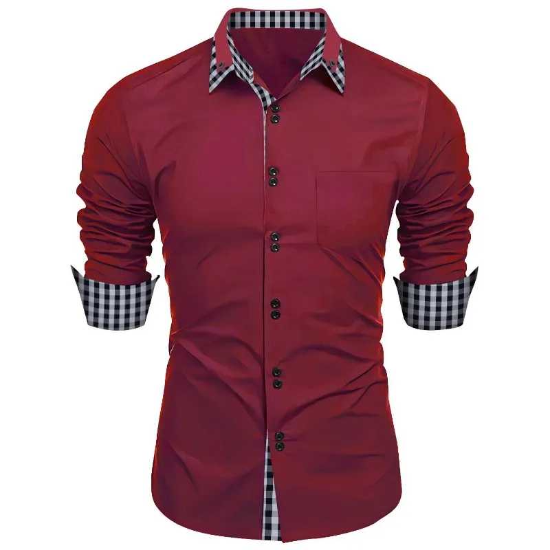 Men's Contrast Plaid Trim Long Sleeve Button Down Shirt Casual Solid Color Pocket Design Lapel Collar Business Casual Tops
Men's Contrast Plaid Trim Long Sleeve Button Down Shirt Casual Solid Color Pocket Design Lapel Collar Business Casual Tops
