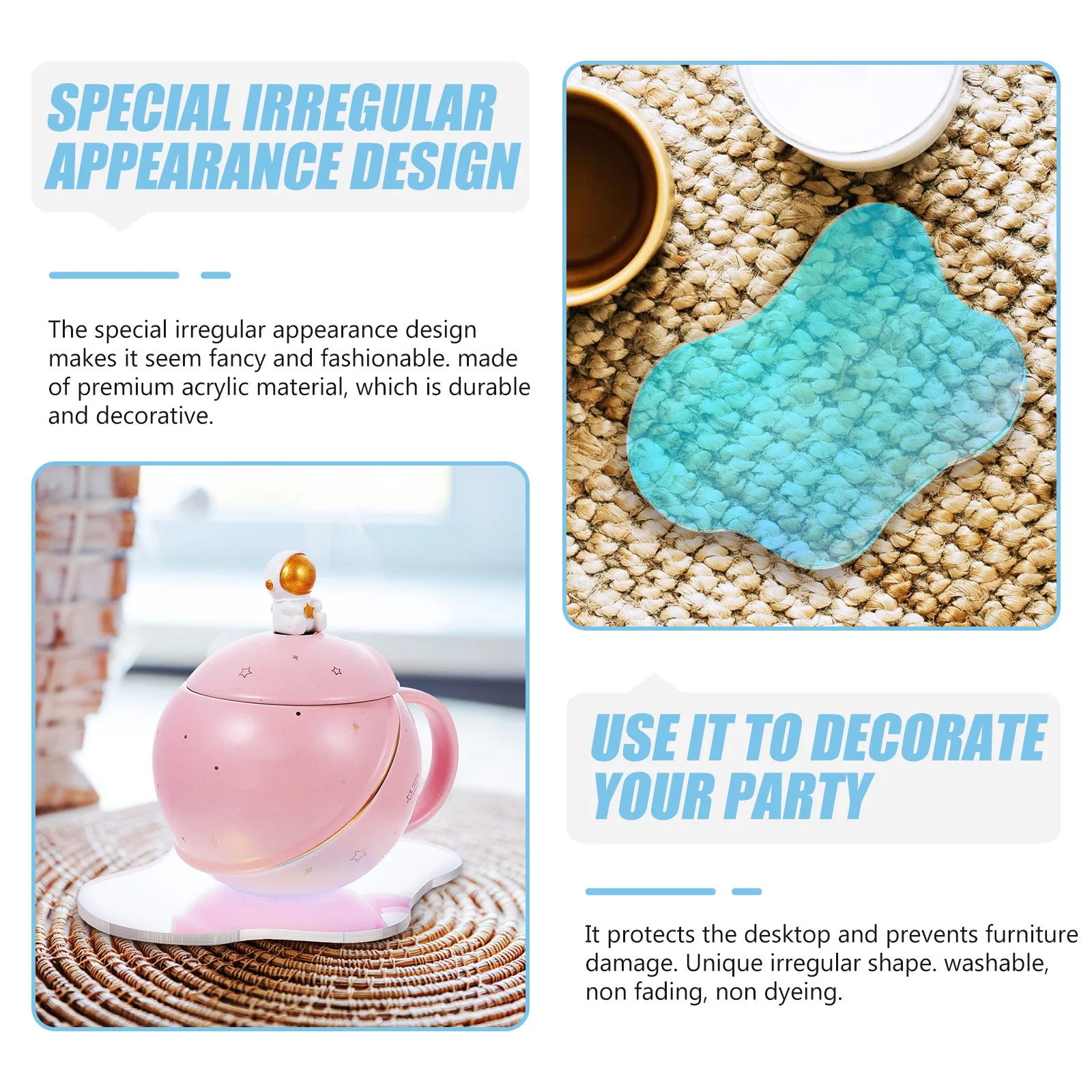 Delicate Acrylic Coaster Decorative Plate Irregular Shape Heat Resistant Kitchen Dining Table Pad Gift Party Decoration
Delicate Acrylic Coaster Decorative Plate Irregular Shape Heat Resistant Kitchen Dining Table Pad Gift Party Decoration