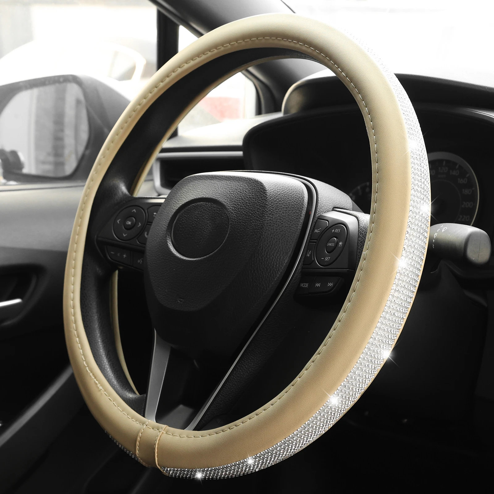 38cm Beige Car Steering Wheel Cover Crystal Rhinestone Bling Diamond Universal Fit Wheel Protector for Toyota Audi VW BMW
38cm Beige Car Steering Wheel Cover Crystal Rhinestone Bling Diamond Universal Fit Wheel Protector for Toyota Audi VW BMW