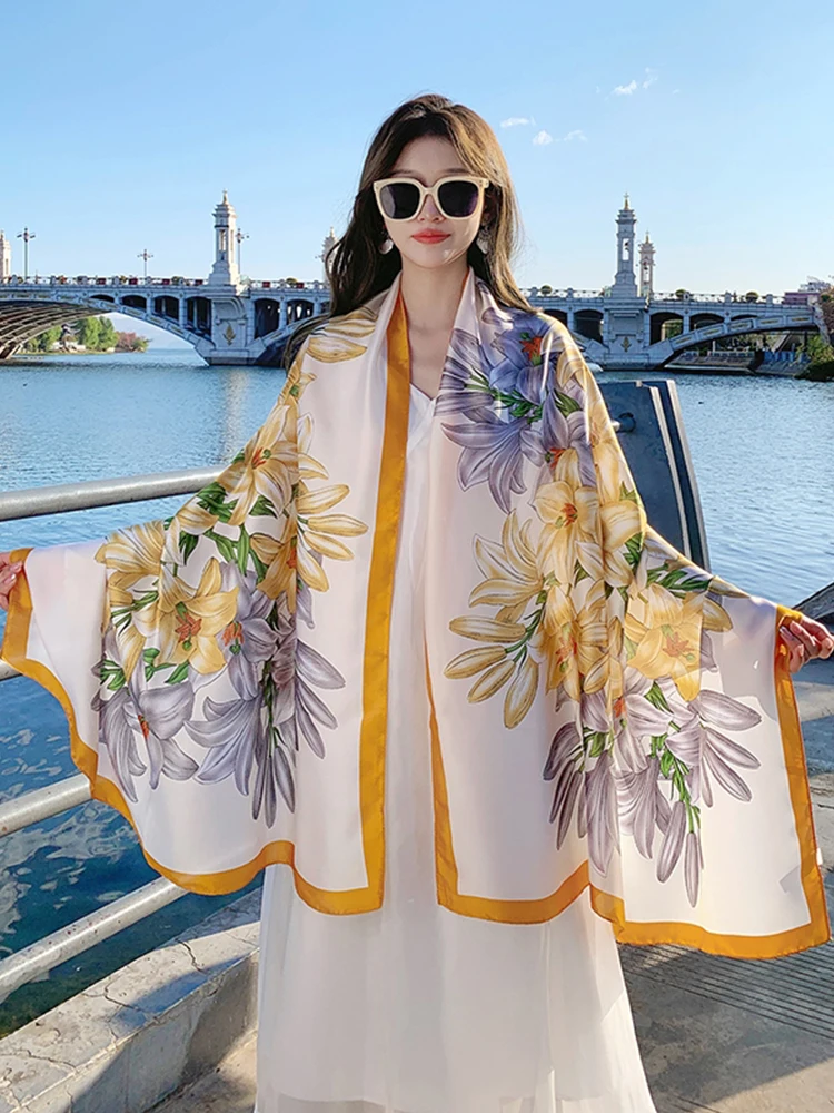 Summer Luxury Elegant Women Silk Scarf Beach Wrap Shawl Satin Floral Print Sunscreen Bandana Hijab Mujer Scarve Pareo Foulard
Summer Luxury Elegant Women Silk Scarf Beach Wrap Shawl Satin Floral Print Sunscreen Bandana Hijab Mujer Scarve Pareo Foulard