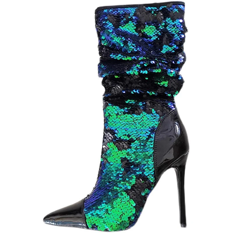 Gold Green Peacock Sequins Stiletto Heel Mid Boots Woman Patchwork Bling Patent Leather Pointed Toe Zipper Booties Shoes
Gold Green Peacock Sequins Stiletto Heel Mid Boots Woman Patchwork Bling Patent Leather Pointed Toe Zipper Booties Shoes