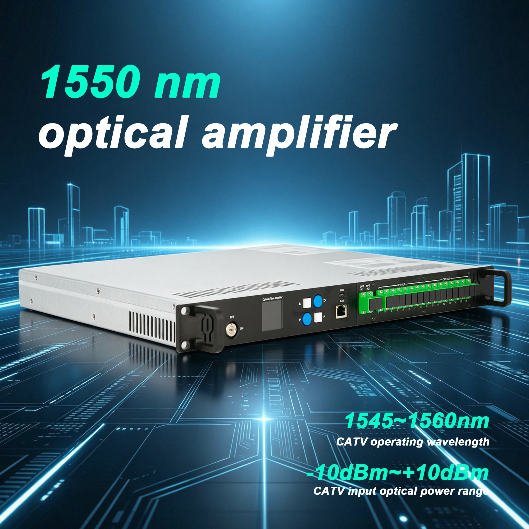 8/16-port 1550 nm optical amplifier, 23 dB EDFA FTTH erbium-doped fibre amplifier
8/16-port 1550 nm optical amplifier, 23 dB EDFA FTTH erbium-doped fibre amplifier