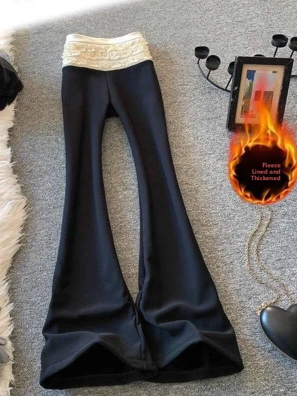 Autumn Winter High Waist Fleece Lined Bell Bottom Pants Women's Splicing Pleated Lace Hem Wide Leg Pants Slim Black Trousers
Autumn Winter High Waist Fleece Lined Bell Bottom Pants Women's Splicing Pleated Lace Hem Wide Leg Pants Slim Black Trousers