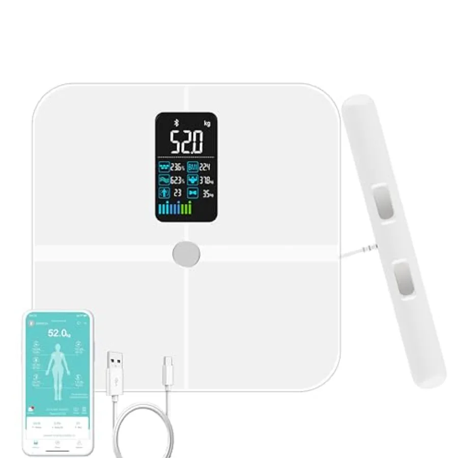 Bathroom scale with 8-electrode bioimpedance for body fat and muscle analysis, white BMI digital scale with large display, accu
Bathroom scale with 8-electrode bioimpedance for body fat and muscle analysis, white BMI digital scale with large display, accu