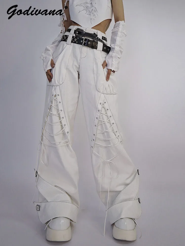 Original Design Strap Double Waist Casual Cargo Pants High Street White Jeans Women's Lace-up Straight Denim Trousers
Original Design Strap Double Waist Casual Cargo Pants High Street White Jeans Women's Lace-up Straight Denim Trousers
