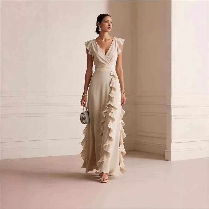 Chiffon Maxi Dress Deep V Wrap Front Cap Ruffle Sleeves Empire Waist Side Cascading Ruffle Flowy Wedding Guest Long Gown 260701
Chiffon Maxi Dress Deep V Wrap Front Cap Ruffle Sleeves Empire Waist Side Cascading Ruffle Flowy Wedding Guest Long Gown 260701