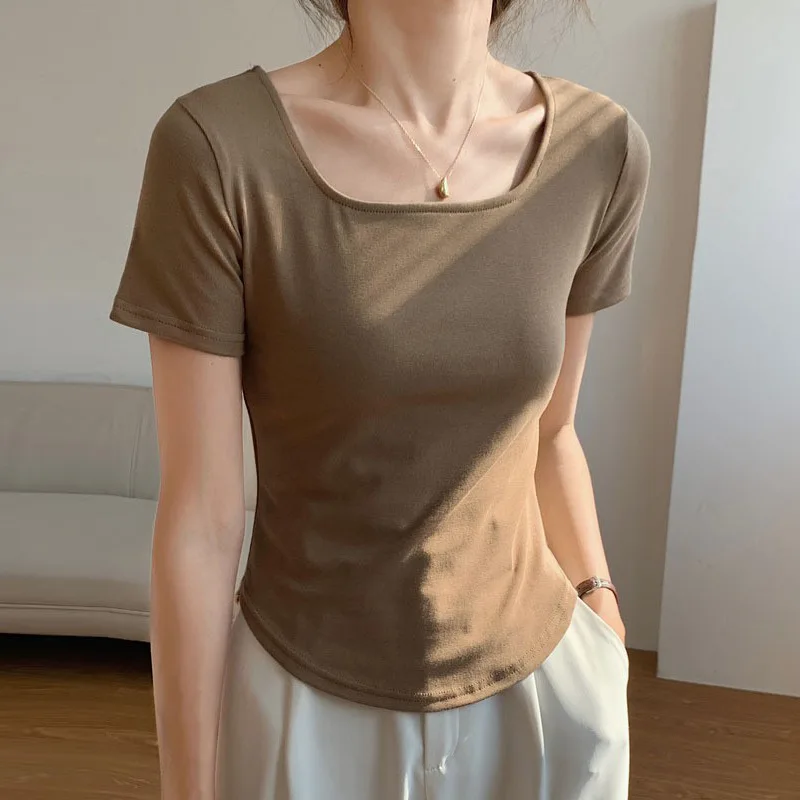 Women's T-Shirts Korea Stylish Base Layering Tops Solid Color Short Sleeve Elegant Casual Chic Slim Female Blouse Outfits C5436
Women's T-Shirts Korea Stylish Base Layering Tops Solid Color Short Sleeve Elegant Casual Chic Slim Female Blouse Outfits C5436