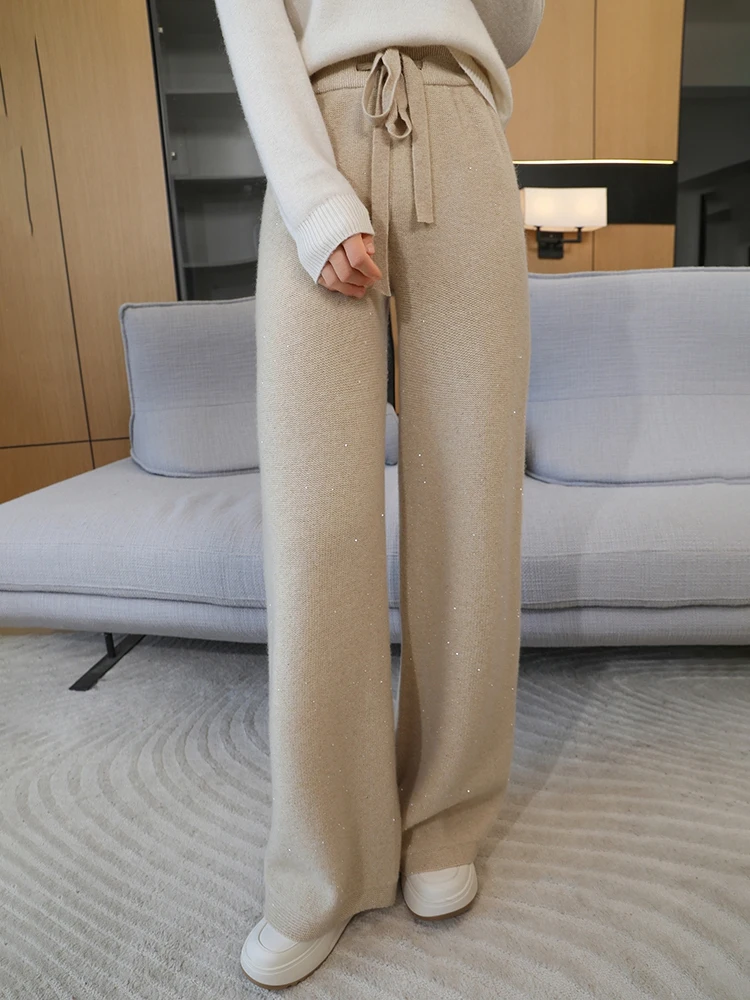 100% Merino Wool Wide Leg Pants Women Autumn Winter Gold And Silver Silk Bead Knitted Narrow Version Straight Leg Casual Trouser
100% Merino Wool Wide Leg Pants Women Autumn Winter Gold And Silver Silk Bead Knitted Narrow Version Straight Leg Casual Trouser