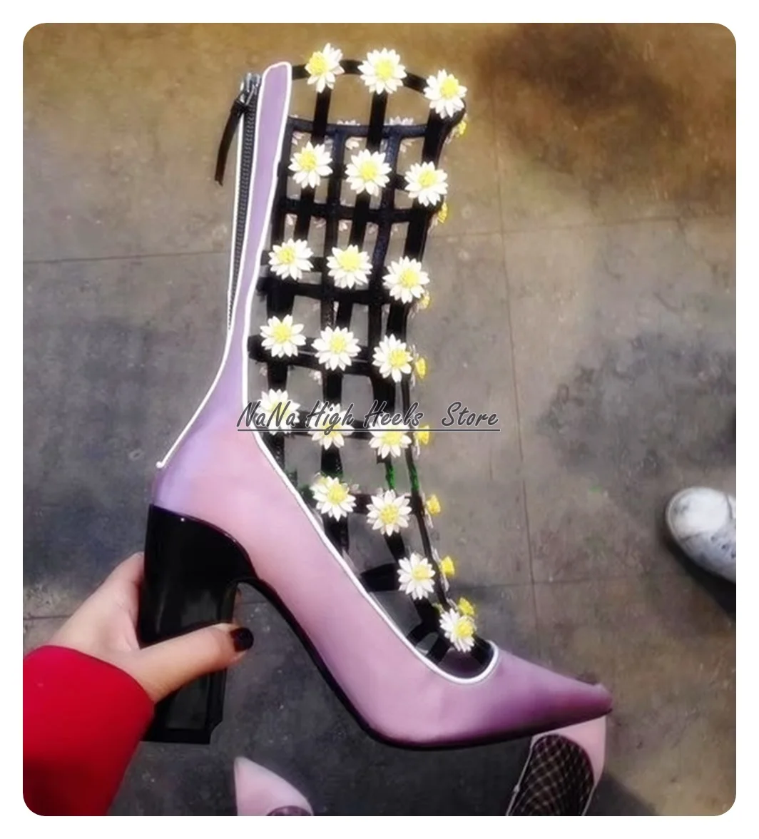 Luxury Sweet Zip Pointy Toe Flower Sandals New Summer Women Mid-Calf Purple Block High Heel Boots Fashion Ladies Hollow Shoes
Luxury Sweet Zip Pointy Toe Flower Sandals New Summer Women Mid-Calf Purple Block High Heel Boots Fashion Ladies Hollow Shoes