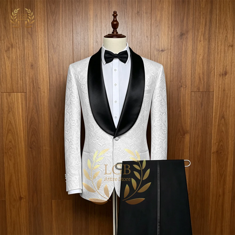 Men's White Jacquard Tuxedo Suit Set Black Satin Shawl Collar Single Button 2 Piece Formal Wedding Groom Prom Jacket Pants
Men's White Jacquard Tuxedo Suit Set Black Satin Shawl Collar Single Button 2 Piece Formal Wedding Groom Prom Jacket Pants