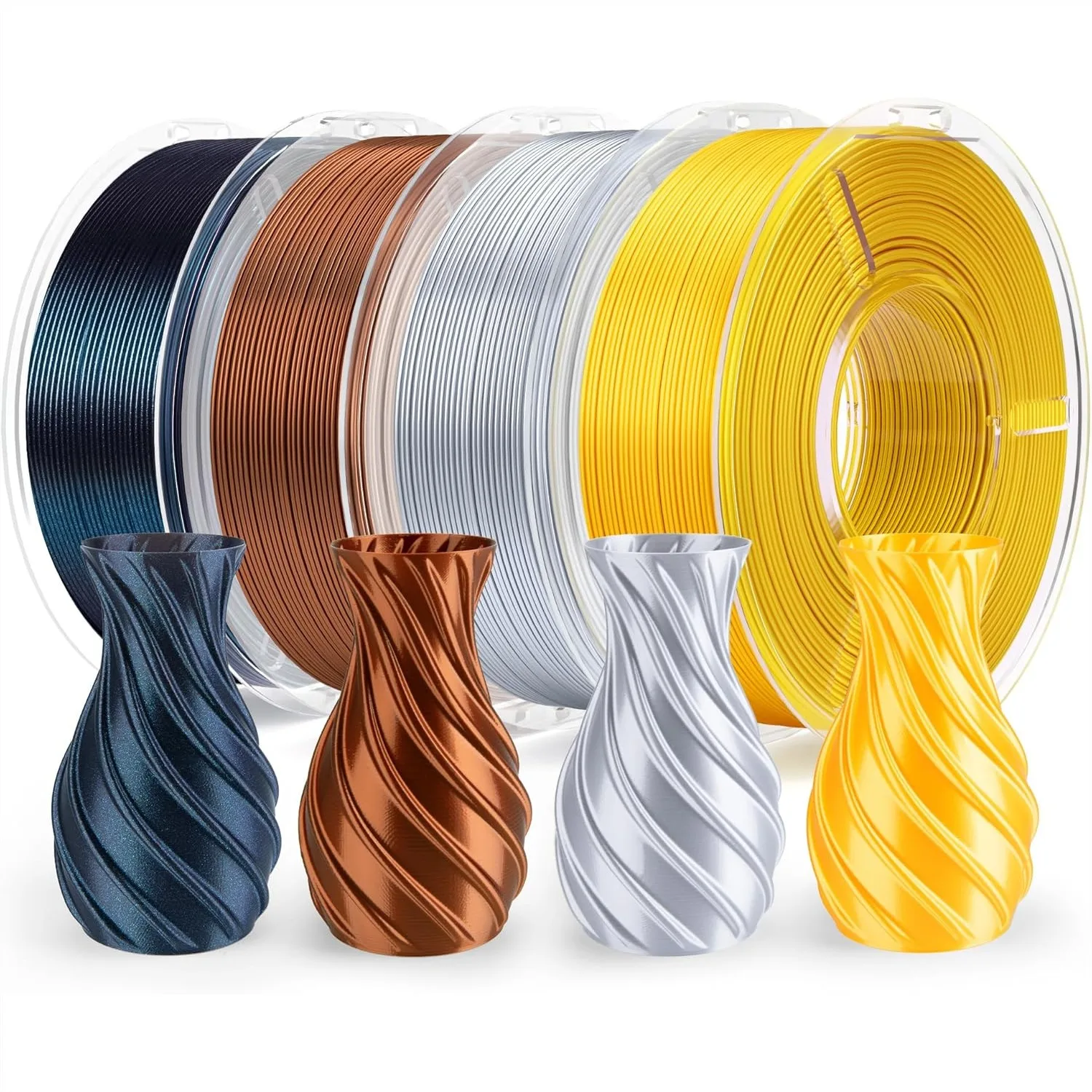 Silk PLA Filament Bundle 1.75mm, 4 Colors 250g Spools with Dimensional Accuracy +/- 0.02mm, Silk Gold/Silver/Bronze/Galaxy Black
Silk PLA Filament Bundle 1.75mm, 4 Colors 250g Spools with Dimensional Accuracy +/- 0.02mm, Silk Gold/Silver/Bronze/Galaxy Black