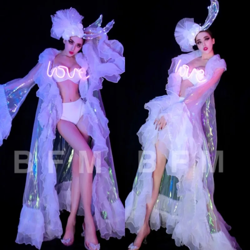 Customized White Luminous Sexy Lace Perspective Jacket Headwear Bar Ds Leading Dance Team GoGo Show Belly Performance Dress
Customized White Luminous Sexy Lace Perspective Jacket Headwear Bar Ds Leading Dance Team GoGo Show Belly Performance Dress