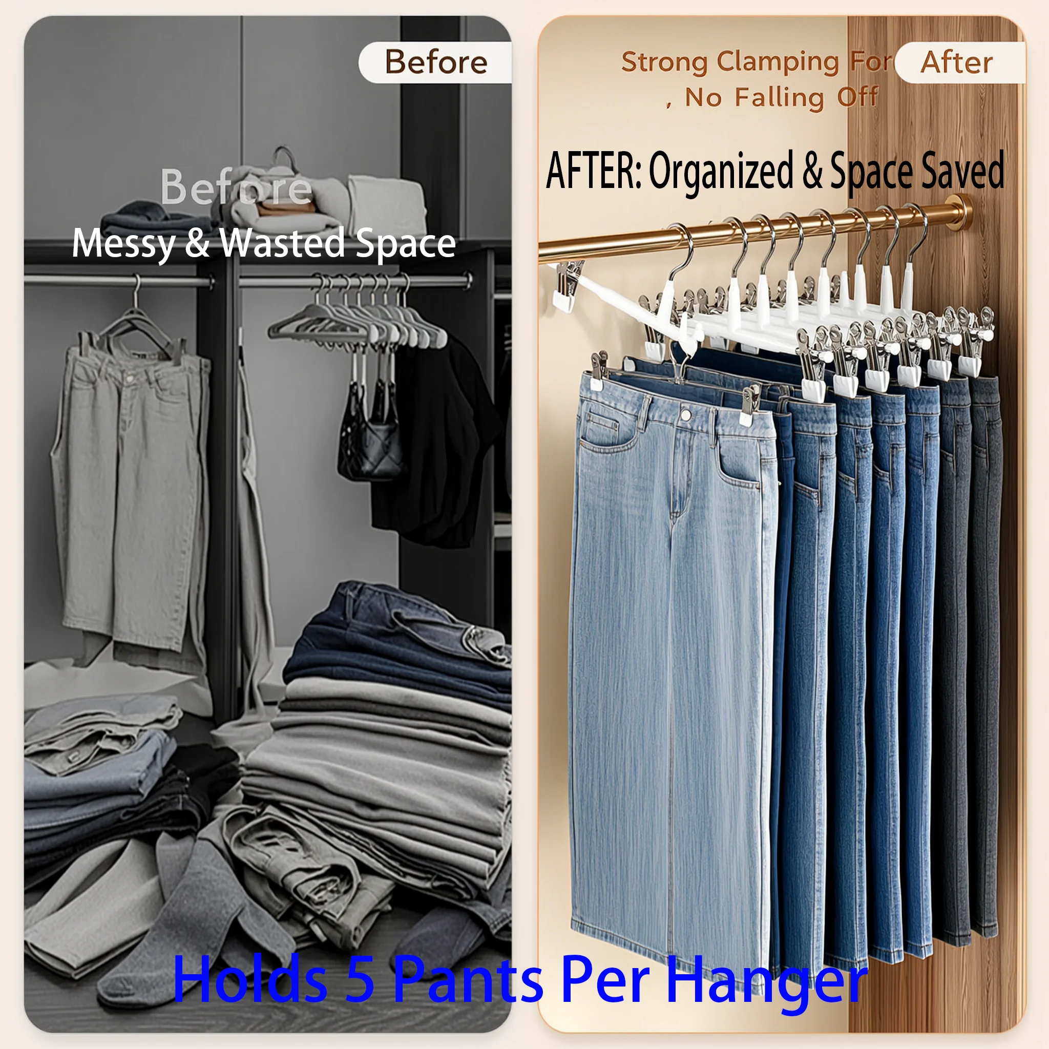 Space Saving Pants Hangers 5-Pack - Multi-Layer Trouser Organizer with Non-Slip Clips | Holds 5 Pants Per Hanger Closet Storage
Space Saving Pants Hangers 5-Pack - Multi-Layer Trouser Organizer with Non-Slip Clips | Holds 5 Pants Per Hanger Closet Storage