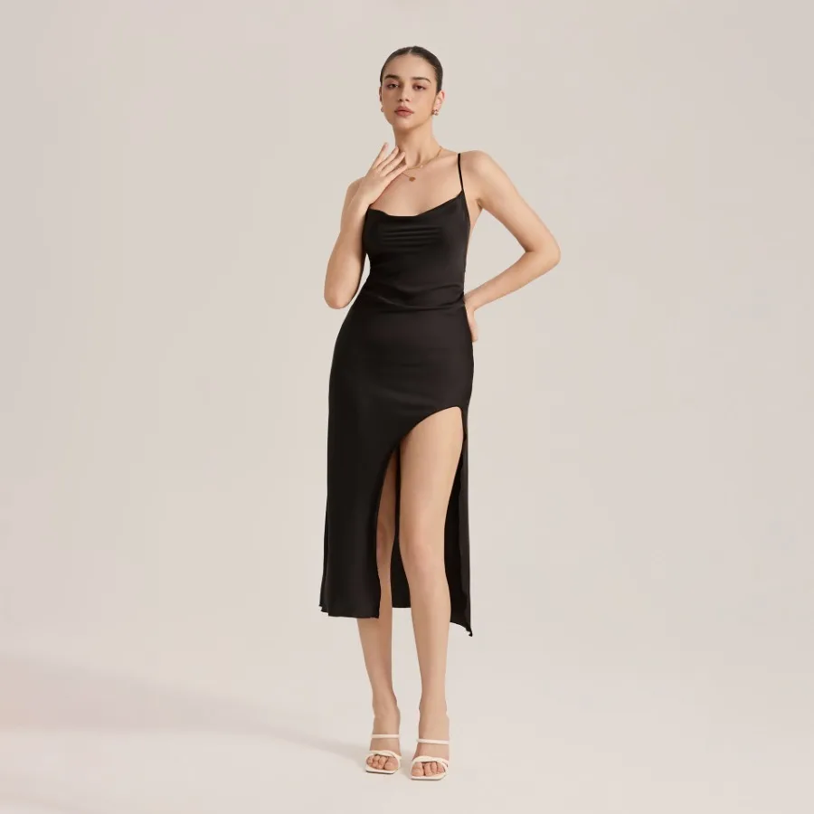 【New style】New summer sexy high forked slim satin chiffon swing collar back sling skirt SQ3907
【New style】New summer sexy high forked slim satin chiffon swing collar back sling skirt SQ3907