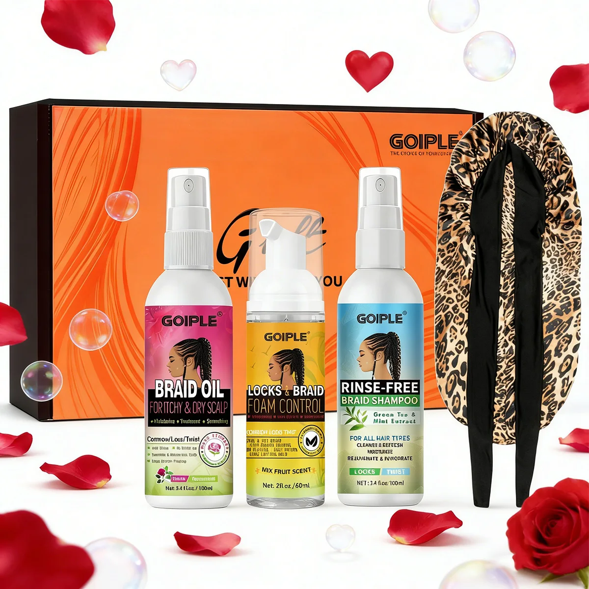 Braiding Moisturizing Conditioning Oil Cleansing and Styling Braid Mousse Leave-in Shampoo Spray with Leopard Print Sleeping Cap
Braiding Moisturizing Conditioning Oil Cleansing and Styling Braid Mousse Leave-in Shampoo Spray with Leopard Print Sleeping Cap