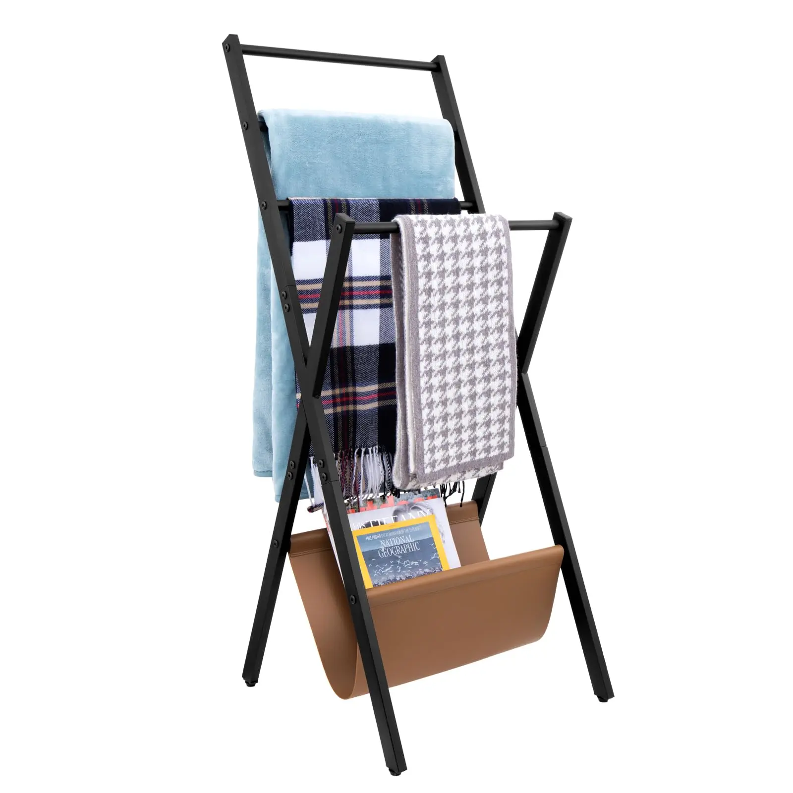 Modern Metal Blanket Ladder With Four Rungs And Tan Faux Leather Magazine Holder For Living Room Or Bathroom Organization
Modern Metal Blanket Ladder With Four Rungs And Tan Faux Leather Magazine Holder For Living Room Or Bathroom Organization