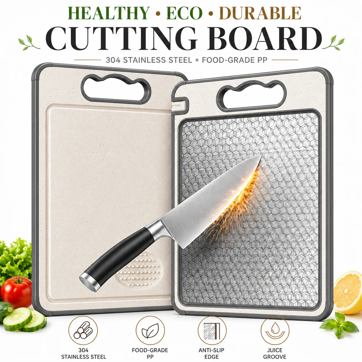 Double Sided Cutting Board 304 Stainless Steel And Wheat Straw Chopping Board With Knife Sharpener Garlic Grinder Juice Groove
Double Sided Cutting Board 304 Stainless Steel And Wheat Straw Chopping Board With Knife Sharpener Garlic Grinder Juice Groove