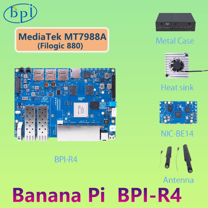 Banana Pi BPI-R4 MediaTek MT7988A (Filogic 880) Четырехъядерный процессор A-rm Corex-A73 4 ГБ DDR4 8 ГБ eMMC Плата маршрутизатора Openwrt Металлический корпус Новый
Banana Pi BPI-R4 MediaTek MT7988A (Filogic 880) Четырехъядерный процессор A-rm Corex-A73 4 ГБ DDR4 8 ГБ eMMC Плата маршрутизатора Openwrt Металлический корпус Новый
