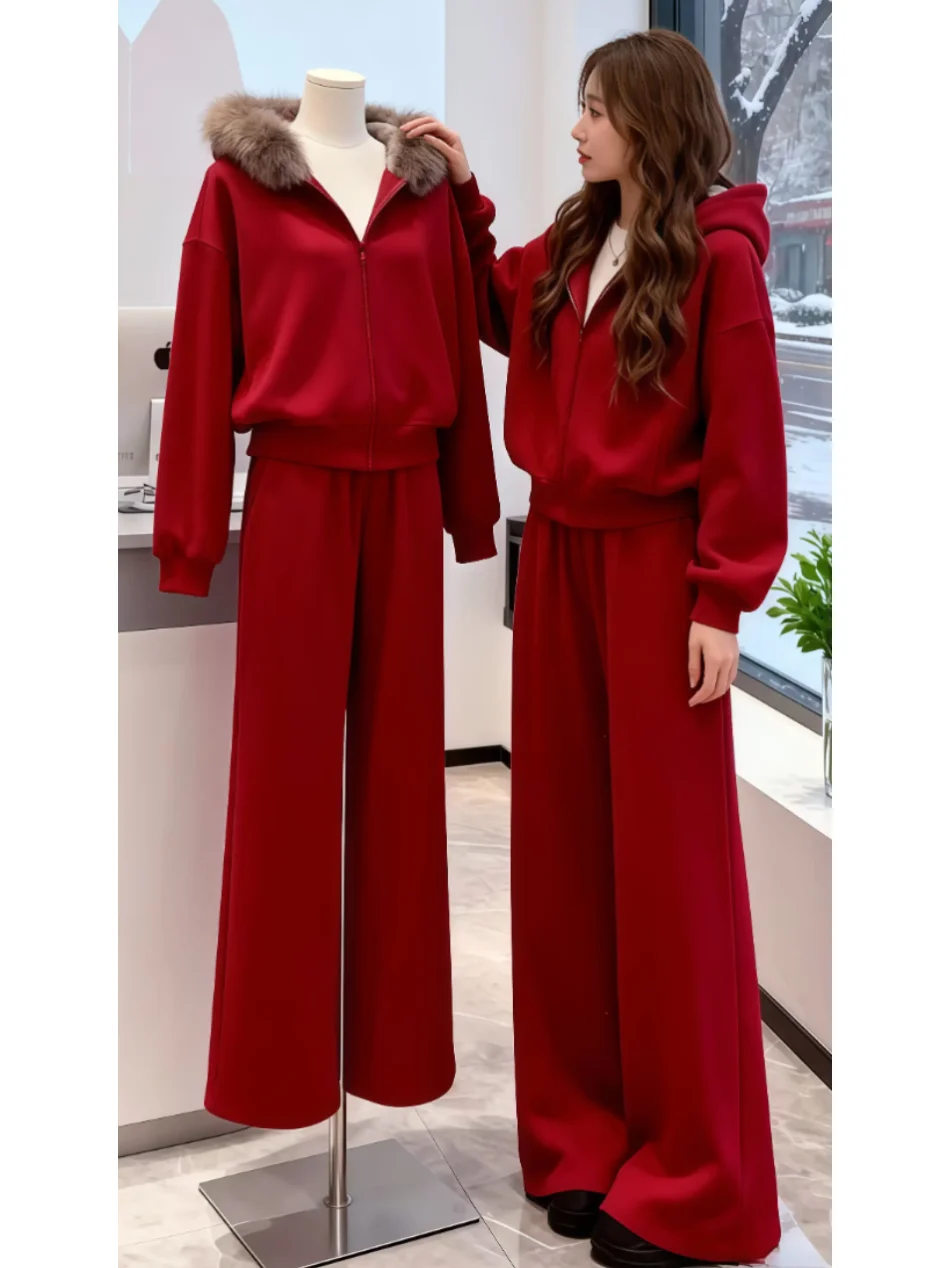 Sli Red Fur Collar Sweatirt And High Waist Casual Pants Women's Faionable Winter Outfit Warm Thiened Clothing
Sli Red Fur Collar Sweatirt And High Waist Casual Pants Women's Faionable Winter Outfit Warm Thiened Clothing