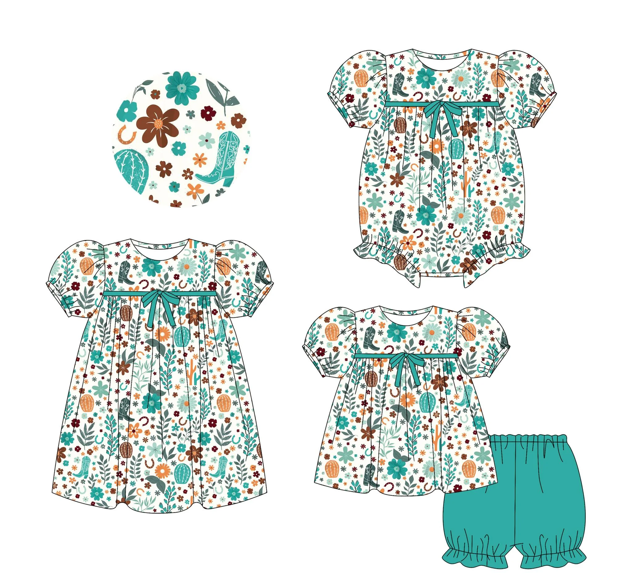 Boutique children's set girl series short-sleeved bow western boots cactus flower print shorts elastic girl set baby romper dres
Boutique children's set girl series short-sleeved bow western boots cactus flower print shorts elastic girl set baby romper dres