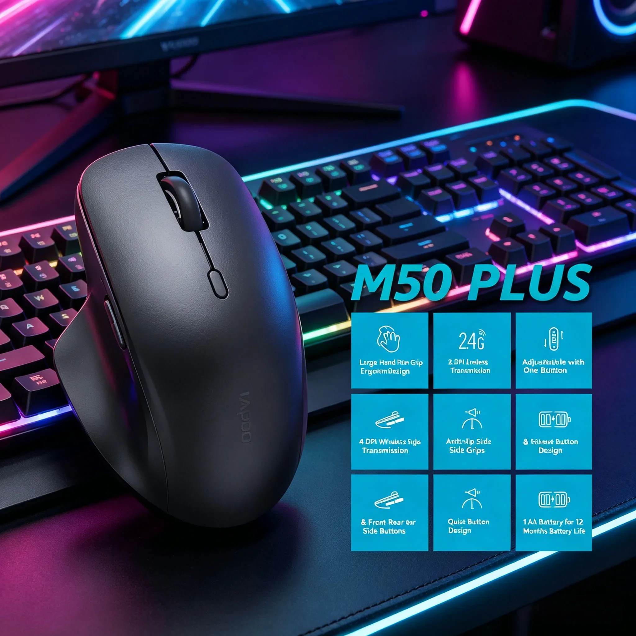 Silent 2.4G Wireless Mouse Rapoo M50 PLUS, Ergonomic Optical Mice 600 DPI Switch Designed for Big Hand Office Use
Silent 2.4G Wireless Mouse Rapoo M50 PLUS, Ergonomic Optical Mice 600 DPI Switch Designed for Big Hand Office Use