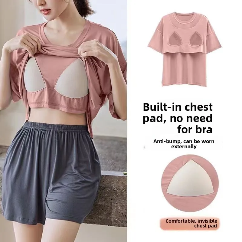 Summer ort Sve Pure Cotton Spwear Set Women's Spor Casual Home Clothes Thin Pad Chest Design Comfortable Nightgown
Summer ort Sve Pure Cotton Spwear Set Women's Spor Casual Home Clothes Thin Pad Chest Design Comfortable Nightgown
