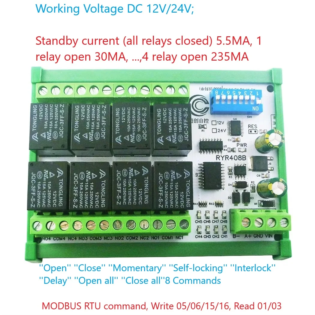 8-канальная релейная плата RS485 Modbus RTU, модуль ввода-вывода ПЛК с DIP-переключателем, DIN-рейка RYR408B для ПЛК, умный дом, промышленный
8-канальная релейная плата RS485 Modbus RTU, модуль ввода-вывода ПЛК с DIP-переключателем, DIN-рейка RYR408B для ПЛК, умный дом, промышленный