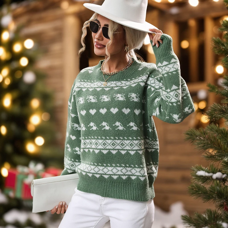 Women's Green Christmas Reindeer Heart Pattern Crew Neck Knitted Sweater Autumn Winter Casual Loose Fit Pullover
Women's Green Christmas Reindeer Heart Pattern Crew Neck Knitted Sweater Autumn Winter Casual Loose Fit Pullover