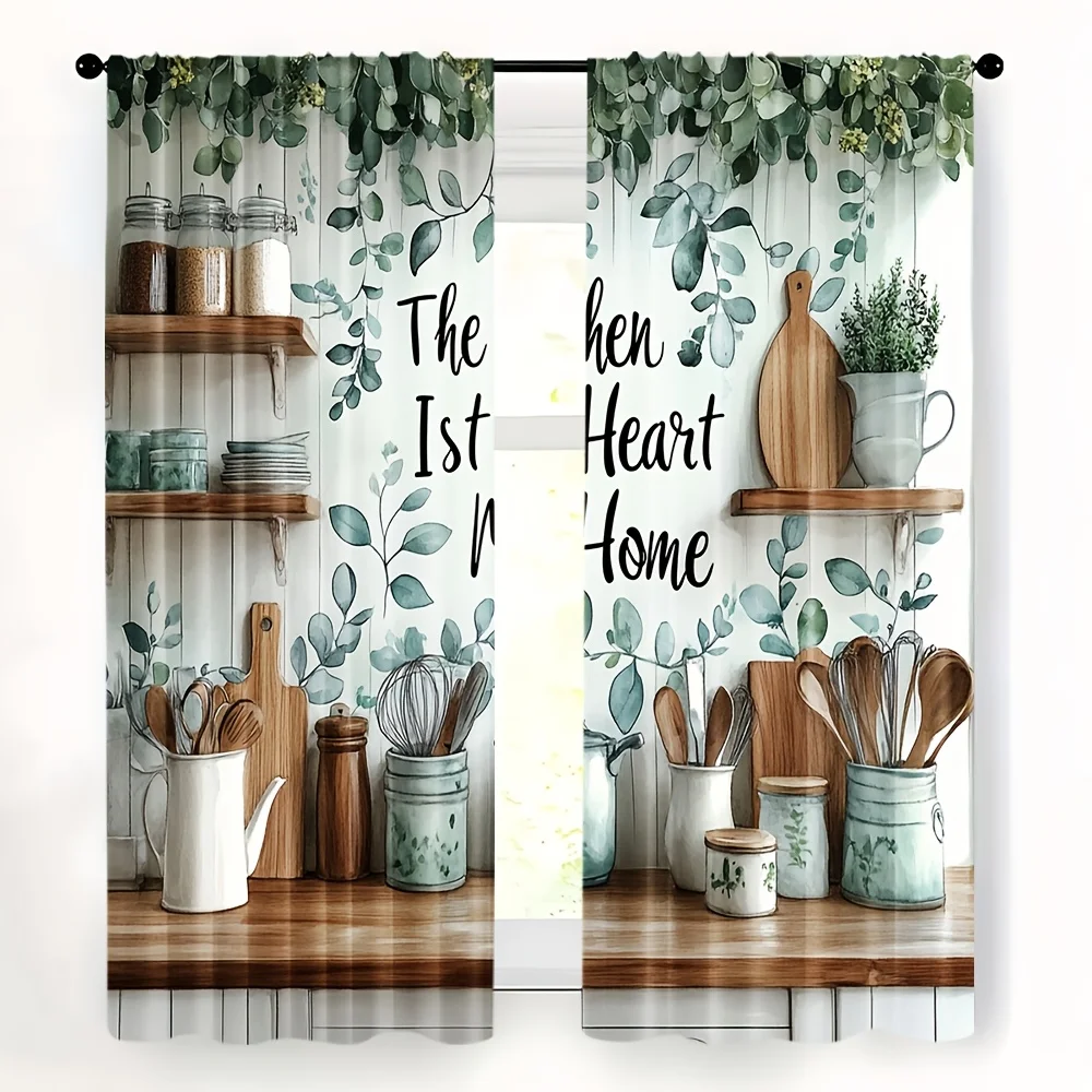 2D FLAT 2pcs Curtains Kitchen Heart Home Leaves Pattern Perfect for Balcony, Bedroom, Study, Living Room, Suitable for Spring &