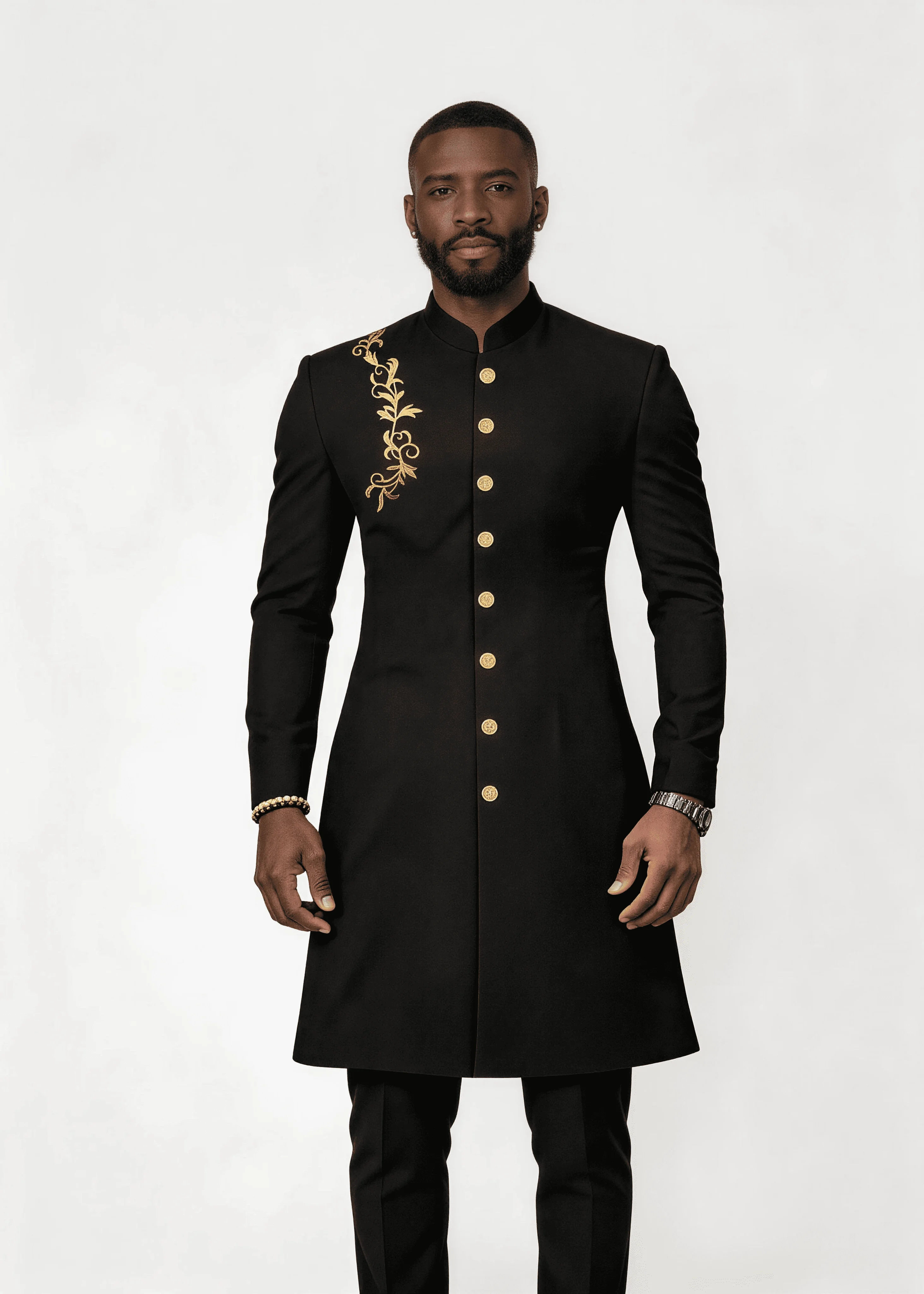 Men’s Solid Black Gold Vine Floral Embroidery Formal Wear Set Stand Collar 2 Piece Wedding Groom Tunic Jacket & Pants Prom Homec
Men’s Solid Black Gold Vine Floral Embroidery Formal Wear Set Stand Collar 2 Piece Wedding Groom Tunic Jacket & Pants Prom Homec