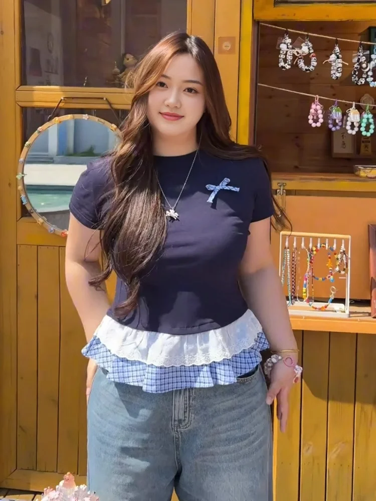 plus Size Women's Korean Style Patchwork Lace Short Sleeve T-Shirt Summer Design Slimming Top Knot Plaid Design
plus Size Women's Korean Style Patchwork Lace Short Sleeve T-Shirt Summer Design Slimming Top Knot Plaid Design