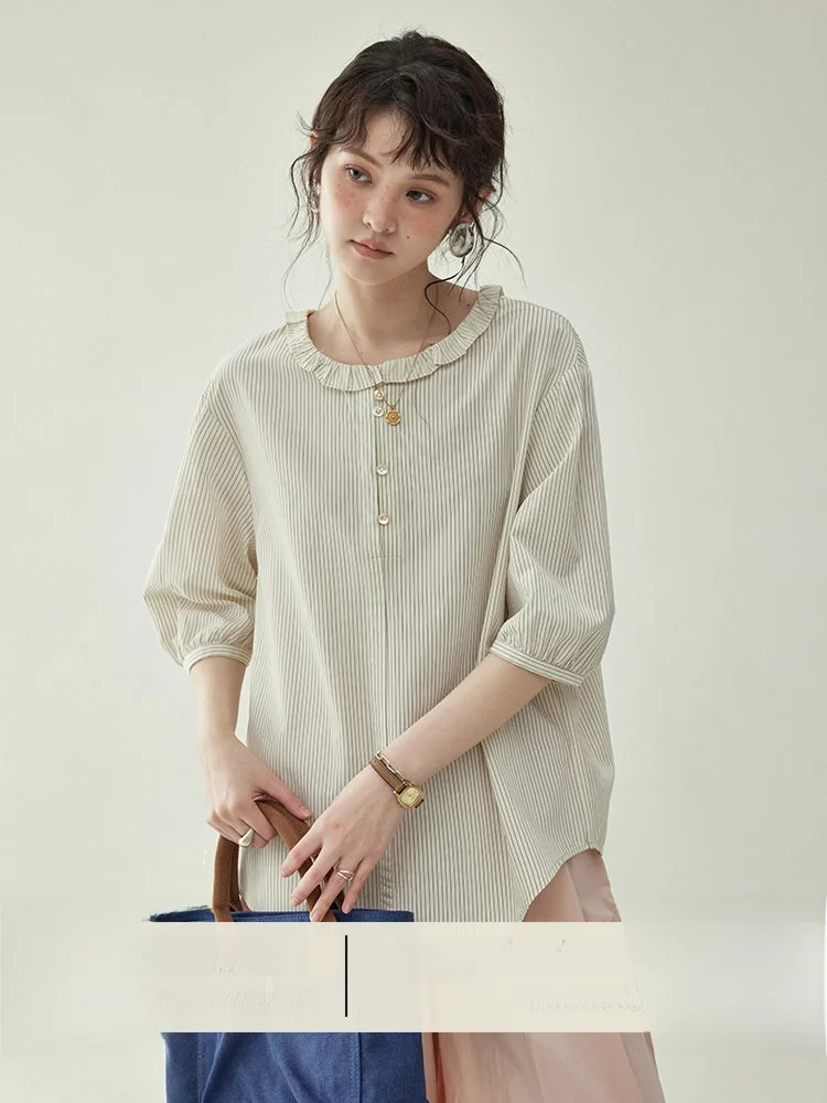 AMUU Original Loose Fit Striped Ruffle Collar round Neck Short Sleeve Women's Shirt Summer Japanese Style Cotton Casual Top
AMUU Original Loose Fit Striped Ruffle Collar round Neck Short Sleeve Women's Shirt Summer Japanese Style Cotton Casual Top