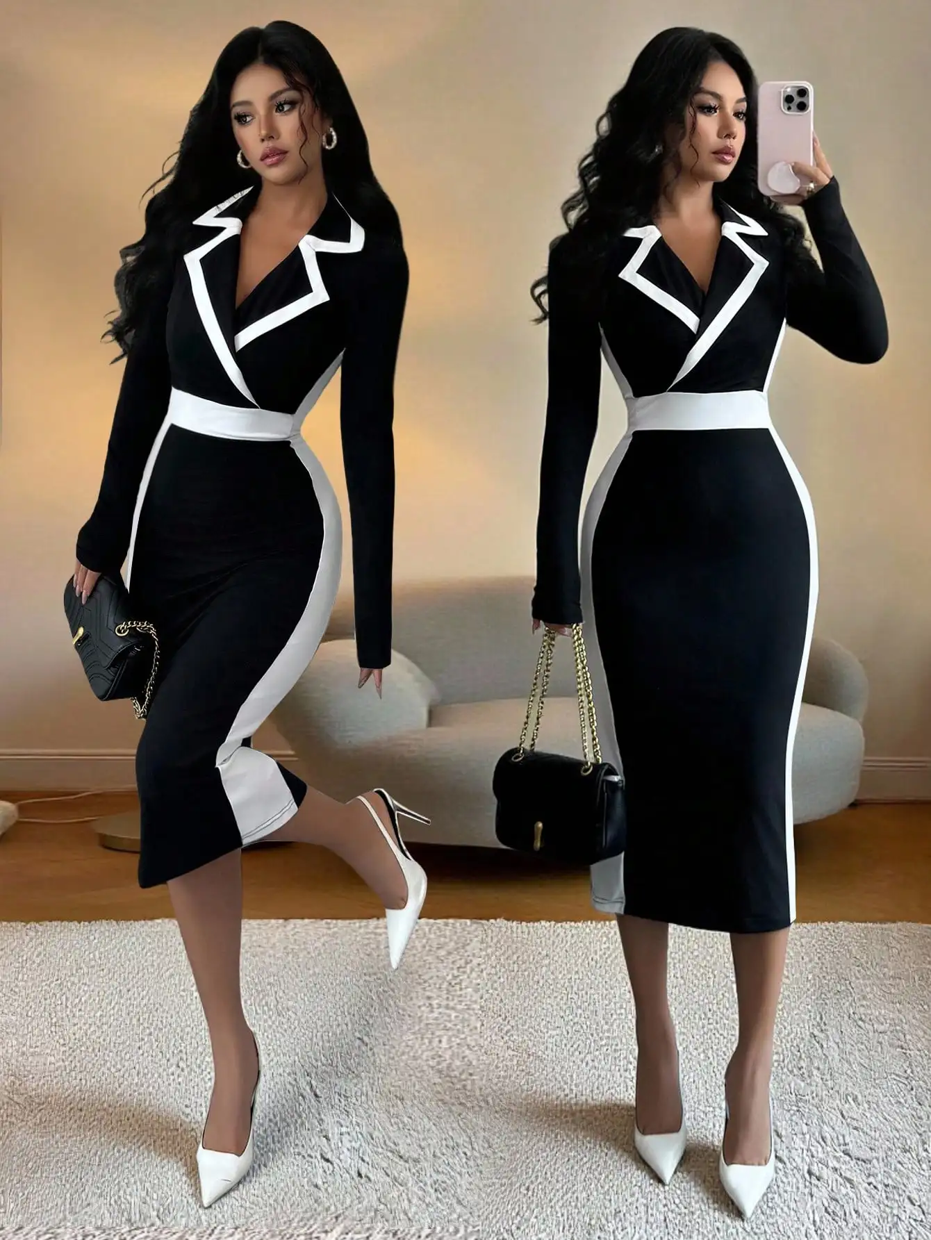 Женское черно-белое контрастное платье-миди с воротником-блейзером и длинными рукавами для осени и зимы
Женское черно-белое контрастное платье-миди с воротником-блейзером и длинными рукавами для осени и зимы