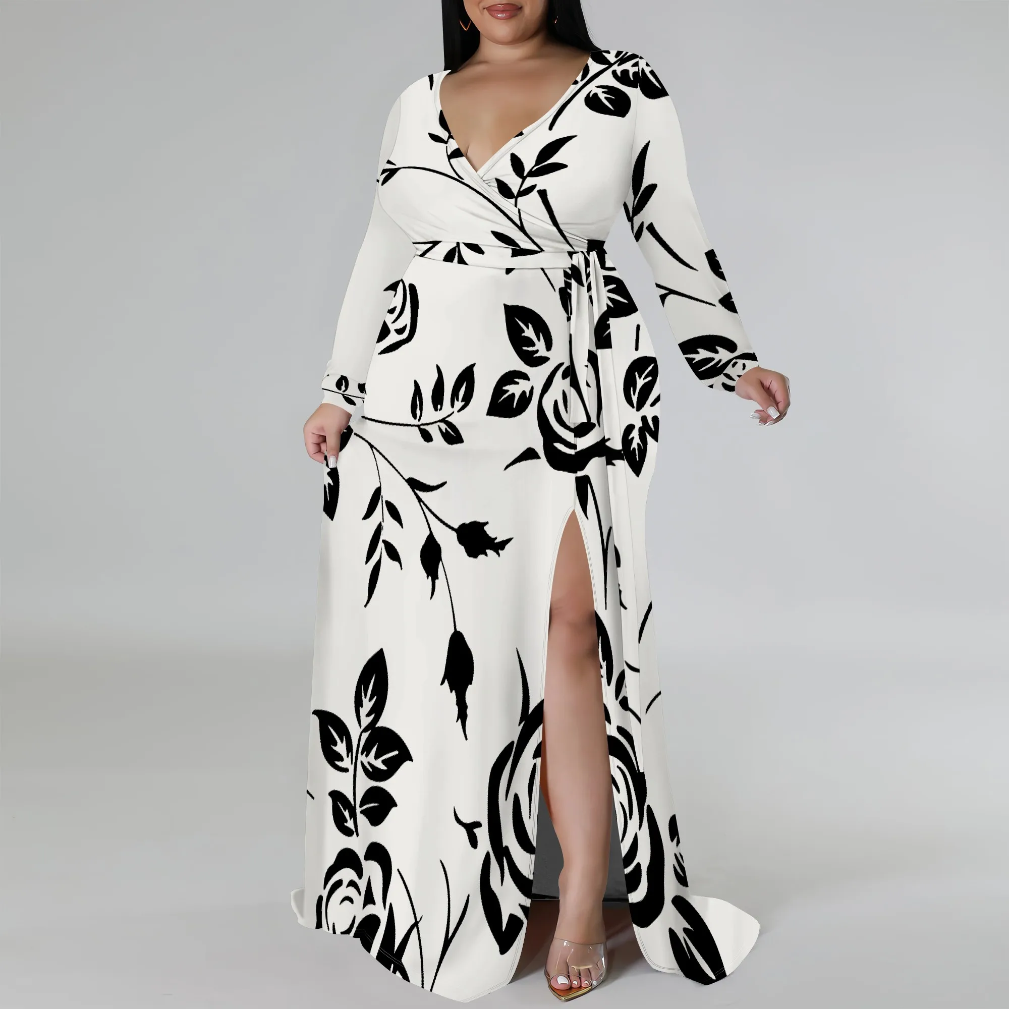 Plus Size Long Sleeve Black and White Floral Wrap Maxi Dress for Women, Elegant Dress with Side Slit for Evening Wear
Plus Size Long Sleeve Black and White Floral Wrap Maxi Dress for Women, Elegant Dress with Side Slit for Evening Wear