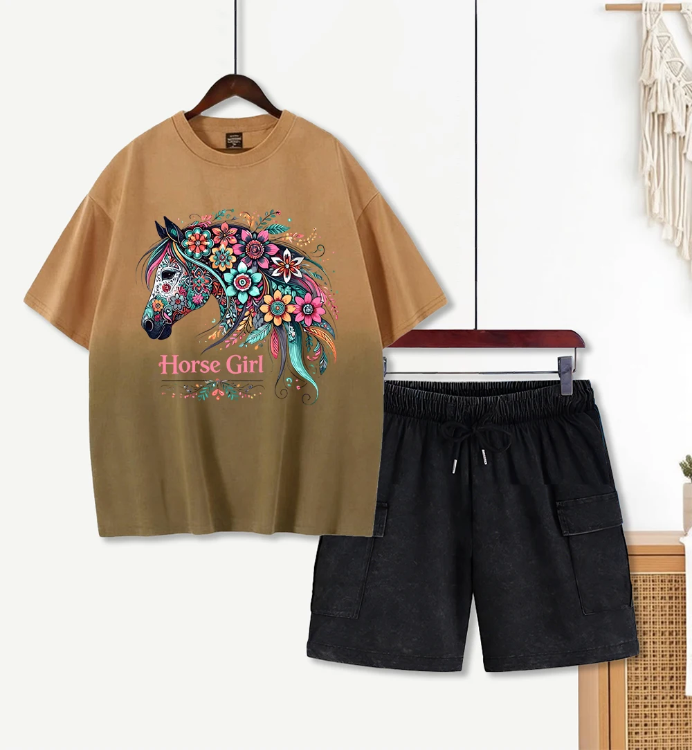 Красивые принты с лошадьми и цветами, женские футболки с эффектом тай-дай, спортивные хлопковые комплекты футболок, шорты с эффектом потертости, летний комплект с круглым вырезом
Красивые принты с лошадьми и цветами, женские футболки с эффектом тай-дай, спортивные хлопковые комплекты футболок, шорты с эффектом потертости, летний комплект с круглым вырезом