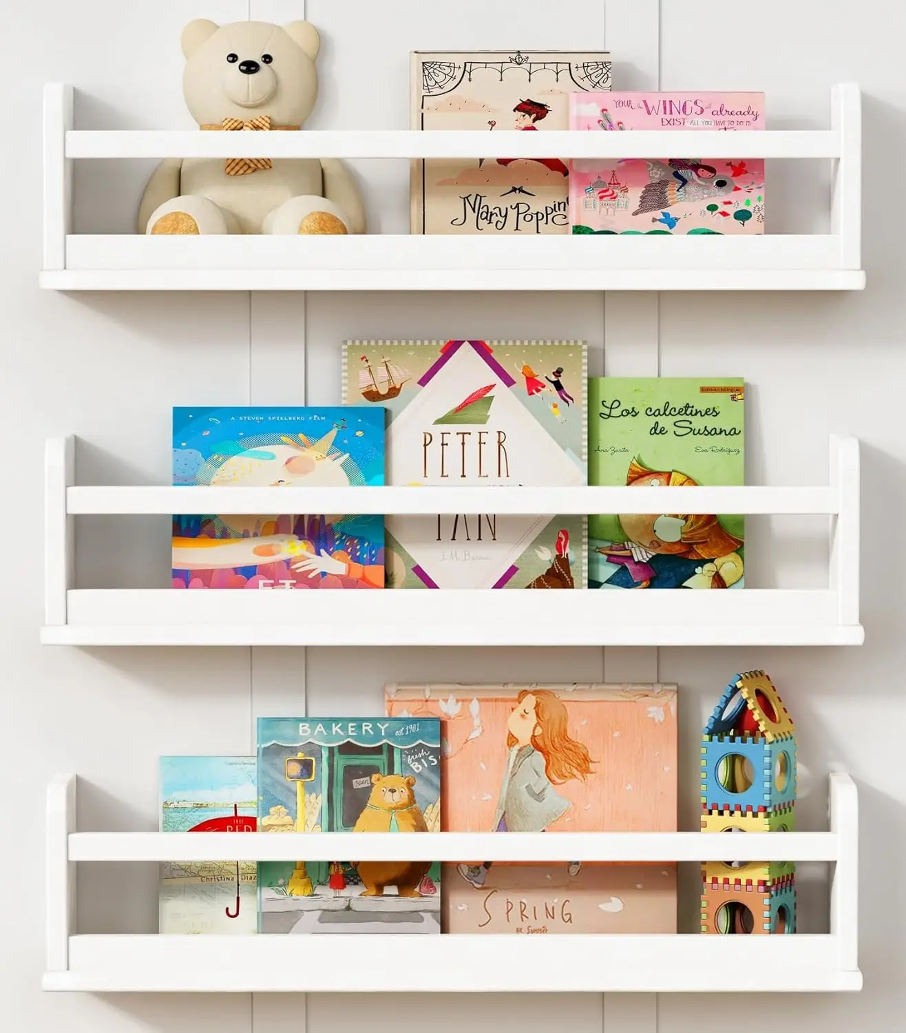 White Wall Bookshelf for Kids Room, 24 Inch Toddler Nursery Bookshelf Wall Mounted Set of 3 with Hanging Rod
White Wall Bookshelf for Kids Room, 24 Inch Toddler Nursery Bookshelf Wall Mounted Set of 3 with Hanging Rod