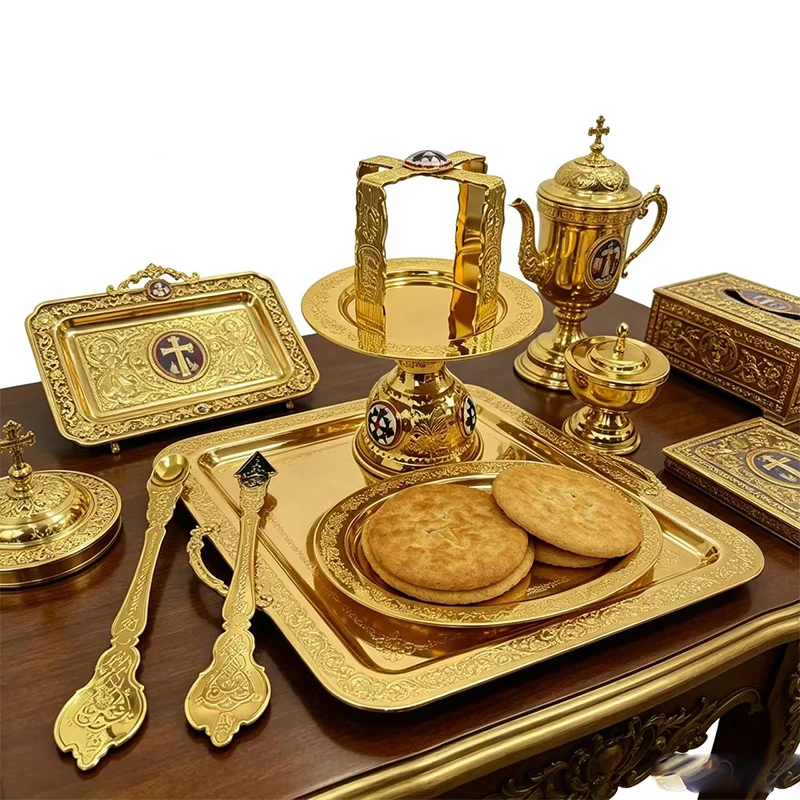 Orthodox Altar Full Set Gold Metal Icon Tray Diskos Plate with Chalice and Liturgical Spoons Byzantine Church Supplies Decor
Orthodox Altar Full Set Gold Metal Icon Tray Diskos Plate with Chalice and Liturgical Spoons Byzantine Church Supplies Decor