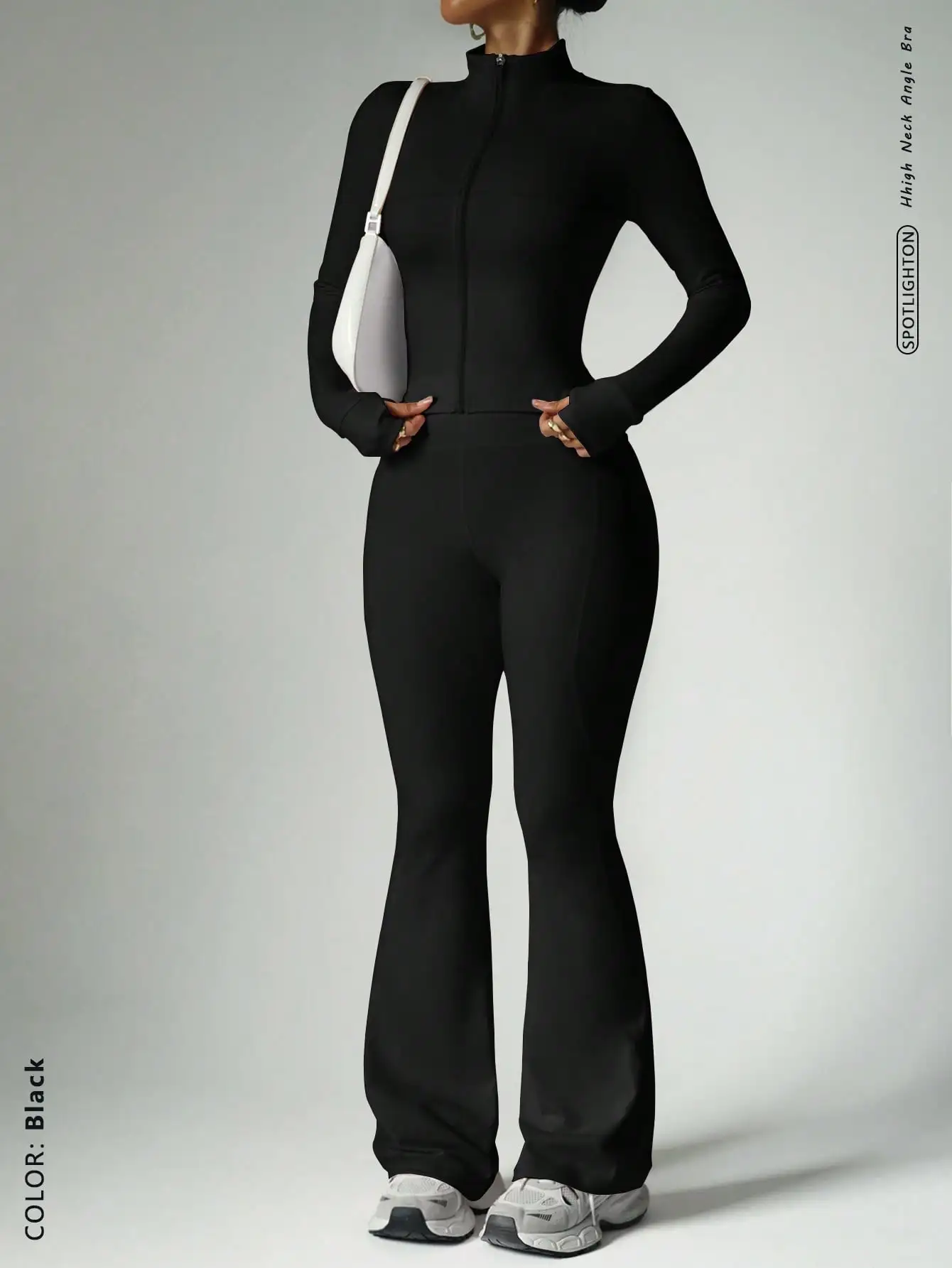 Черный комплект в уличном стиле: облегающая куртка на молнии с отверстиями для больших пальцев и брюки-клеш с высокой талией
Черный комплект в уличном стиле: облегающая куртка на молнии с отверстиями для больших пальцев и брюки-клеш с высокой талией