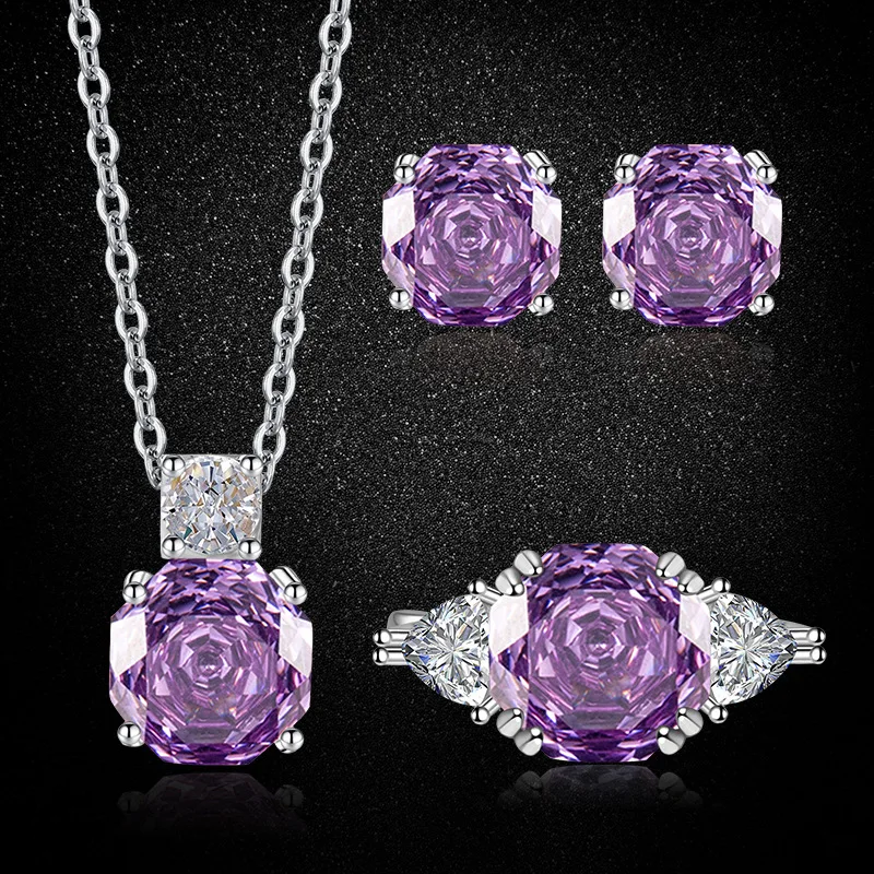 S925 Sterling Silver 3‑Piece Set, Octagonal Purple Cubic Zirconia Millennium Rose Cut Ring Earrings Pendant
S925 Sterling Silver 3‑Piece Set, Octagonal Purple Cubic Zirconia Millennium Rose Cut Ring Earrings Pendant