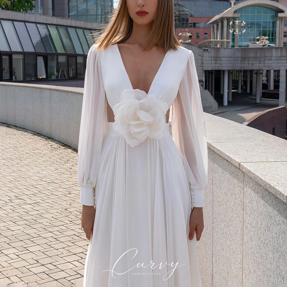 Curvy Customized Elegant Chiffon Wedding Dresses for Women Deep V-Neck Long Puff Sleeve Floral Waist Open Back Bridal Gown 2026
Curvy Customized Elegant Chiffon Wedding Dresses for Women Deep V-Neck Long Puff Sleeve Floral Waist Open Back Bridal Gown 2026