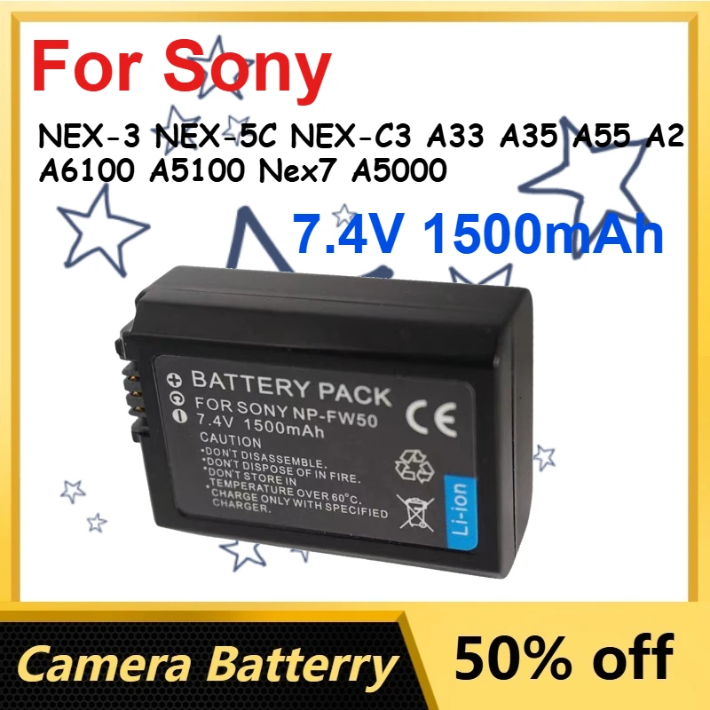 7.4V 1500mAh NP-FW50 Li-ion Battery for Sony NEX-3 NEX-5C NEX-C3 A33 A35 A55 A2 A6100 A5100 Nex7 A5000 Digital Camera Batteries
7.4V 1500mAh NP-FW50 Li-ion Battery for Sony NEX-3 NEX-5C NEX-C3 A33 A35 A55 A2 A6100 A5100 Nex7 A5000 Digital Camera Batteries